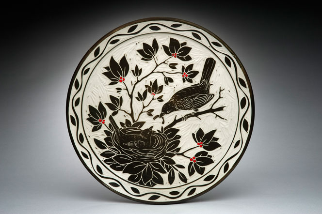Bird and Nest Platter(other bird scenes available on request); porcelain and red underglaze, 3x16x16 in. $345.